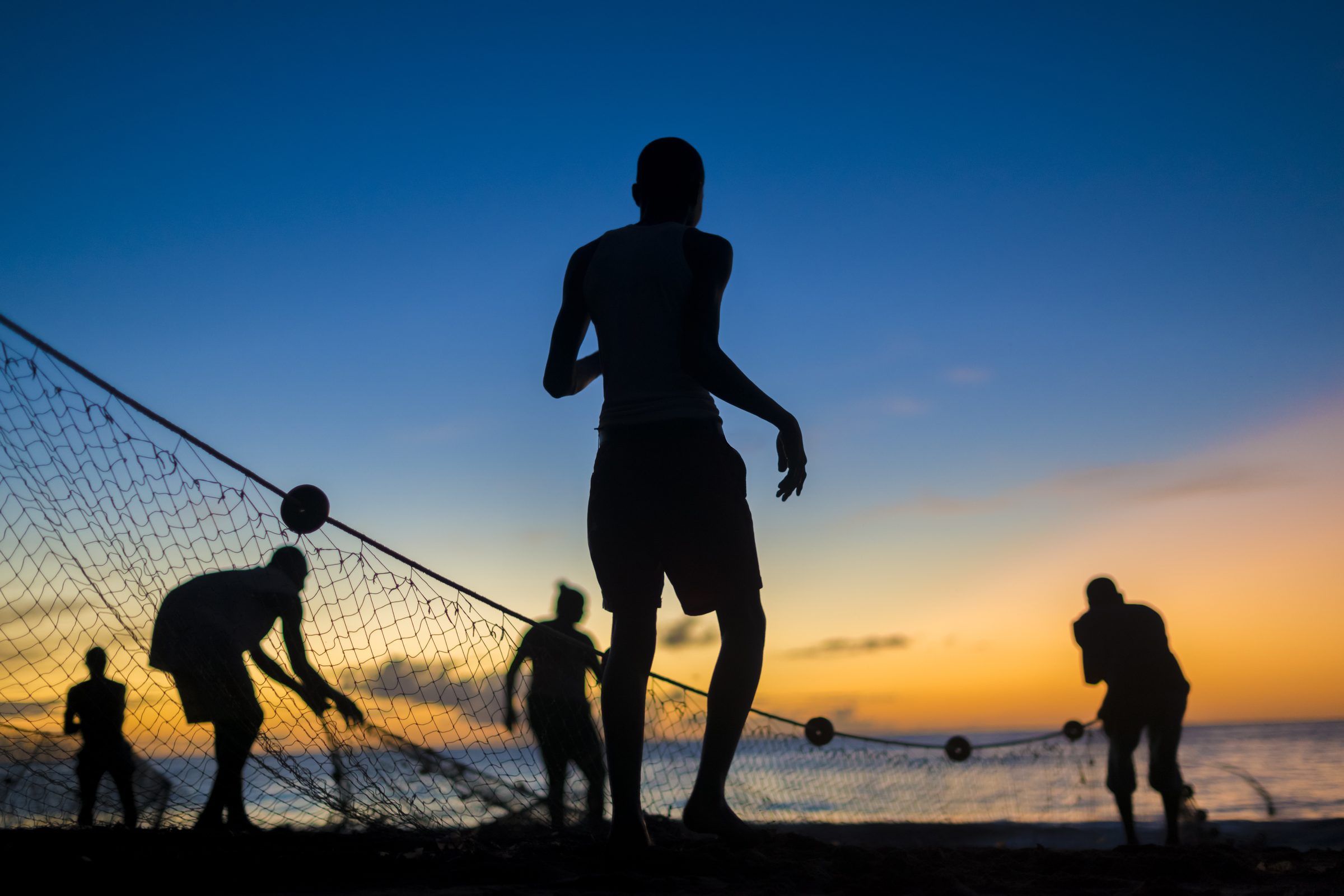 Local fishermen pulling nets at sunset on a Tobago beach